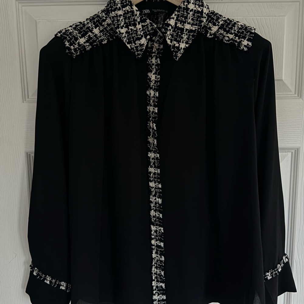 Zara Black Blouse with White Tweed Accents